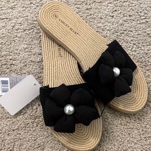 Ashley Blue Black Sandals with Floral Accent